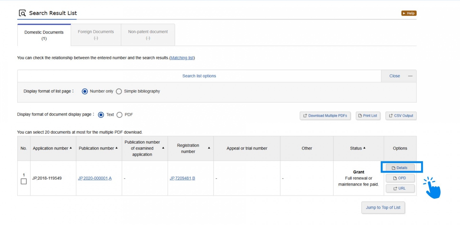 日本專利案件狀態查找步驟一：在結果列表點 Details